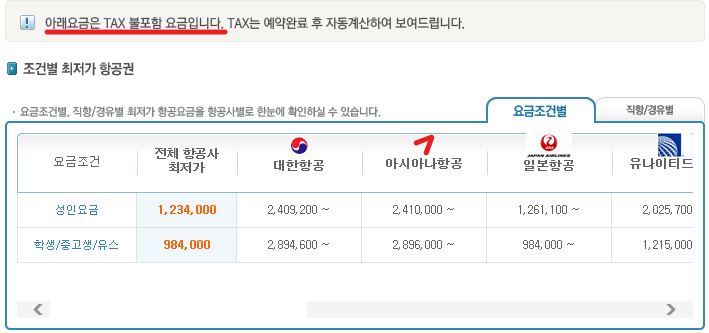 최저가 항공 검색 결과